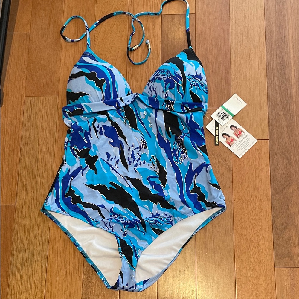 Vida Swim Blue Patterned with 14k Gold Plated Women's One-Piece Swimsuit L NWT